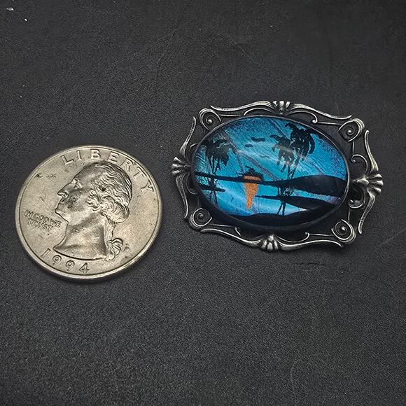 Sterling Silver Butterfly Wing Beach Scene Brooch Vintage Morpho Jewelry - Picture 2 of 5
